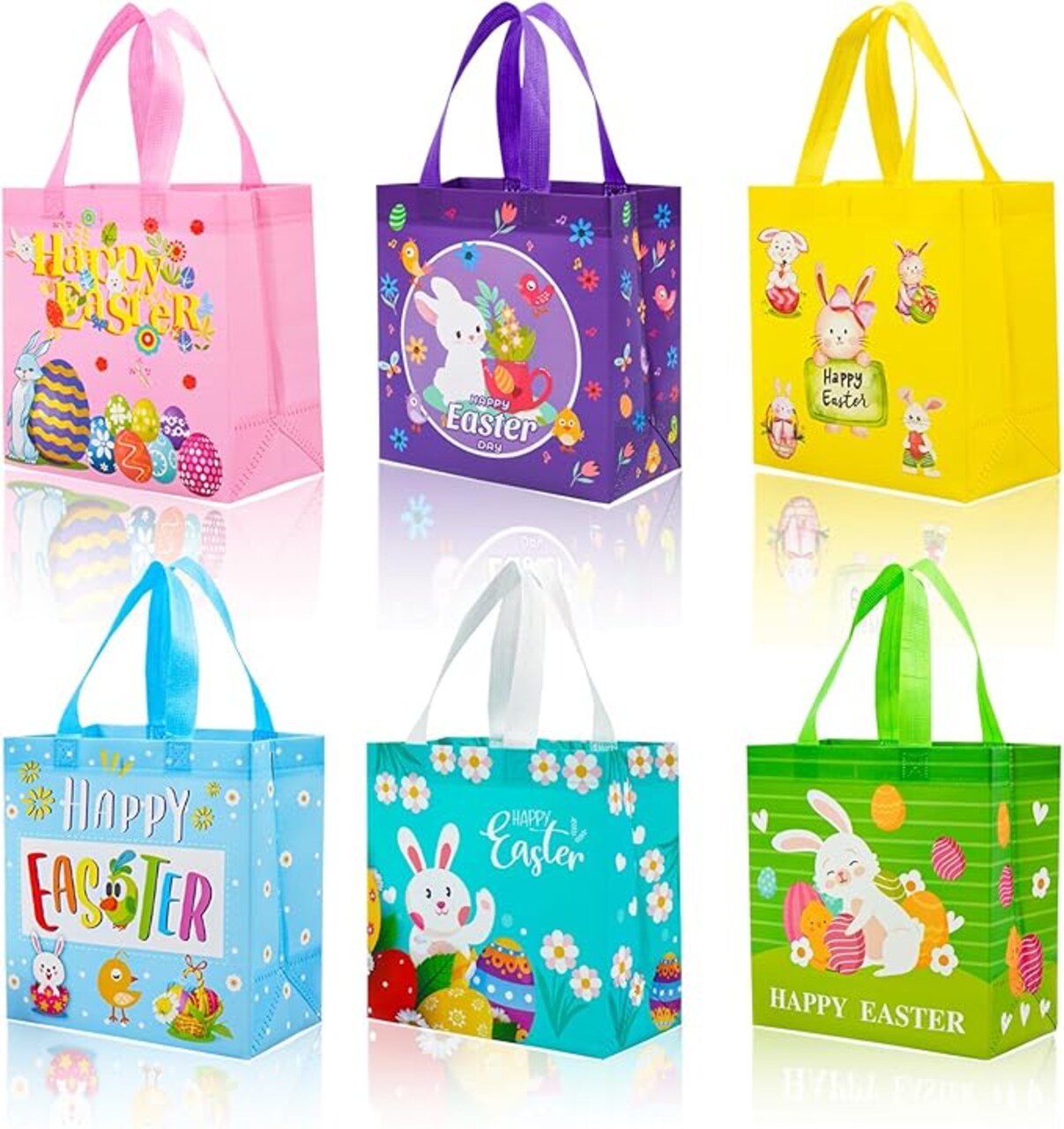 6Pcs Easter Non-woven Bags with Handle, Happy Easter Gift Bags for Kids, Treat Bags Rabbit Bunny, Reusable Easter Goodie Bags-Waterproof